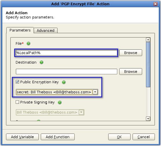 mft server parameters for pgp encrypt trigger action