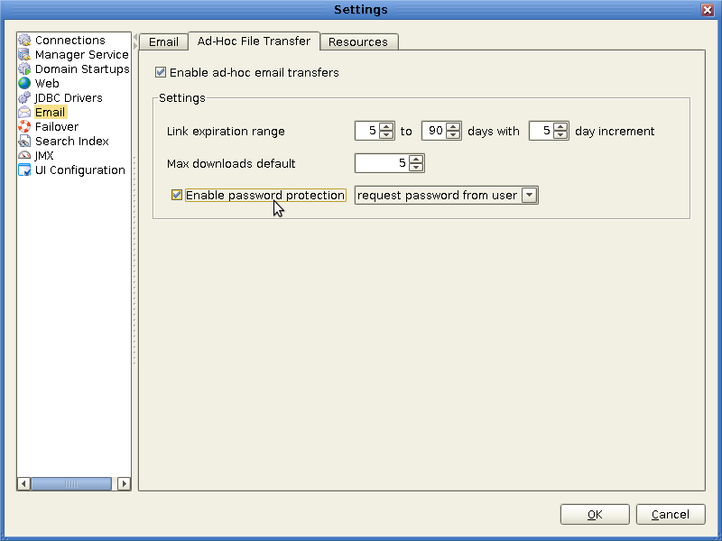 mft file settings email adhoc password