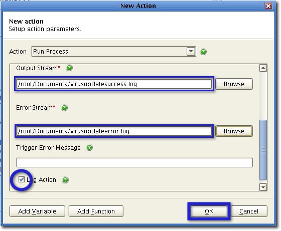 output error stream for virus update