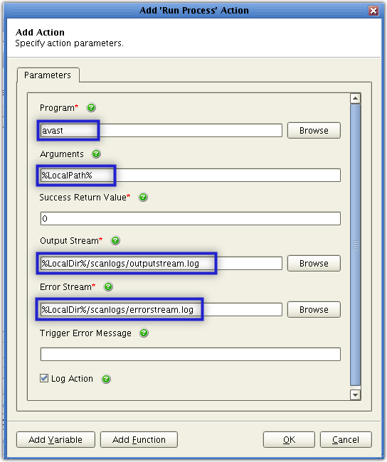 run process action parameters