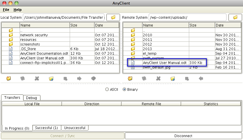 ftp client uploaded file