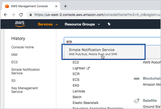 001 - sns in aws console search box