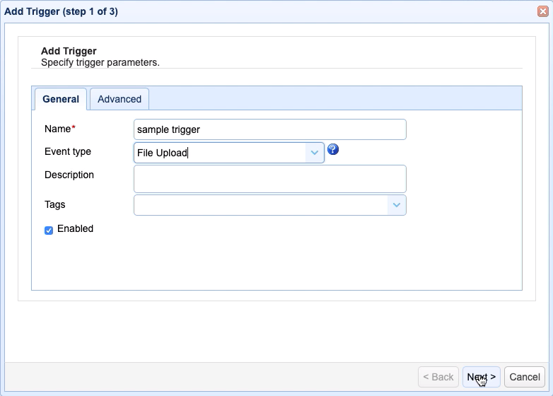 add trigger specify trigger parameters