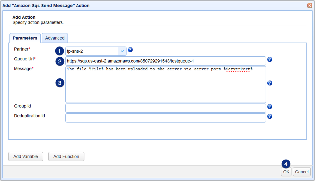 amazon sqs send message action parameters