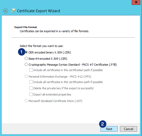 ADFS certificate export wizard DER encoded binary x.509