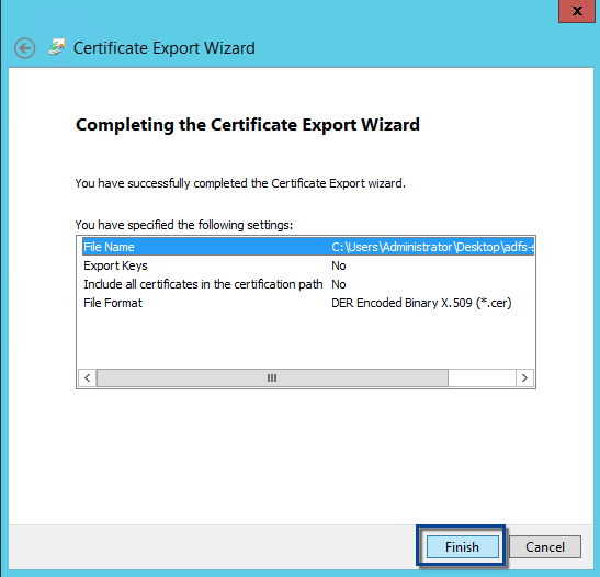 ADFS certificate export wizard finish