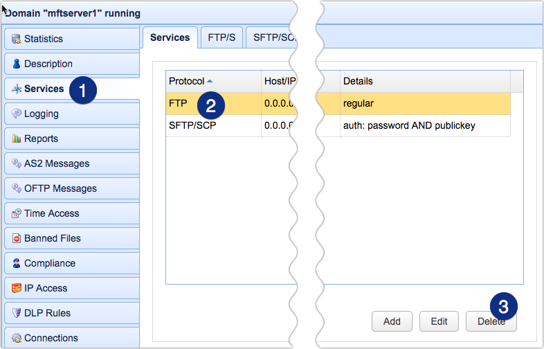 delete ftp regular service from mft server