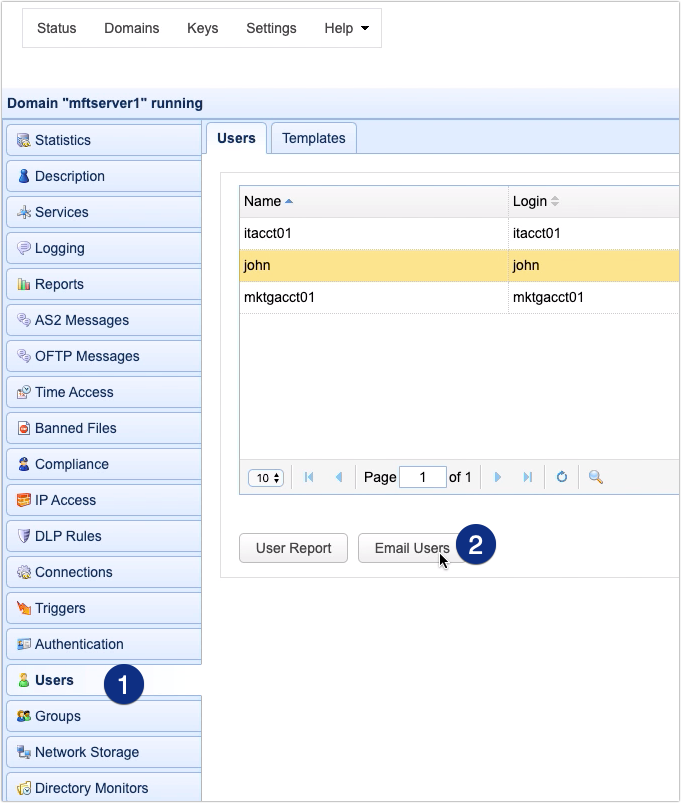 email users on jscape mft server