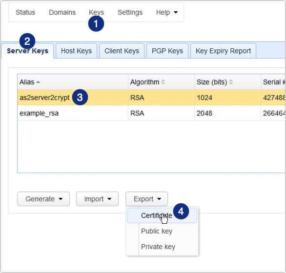 export digital certificate server keys