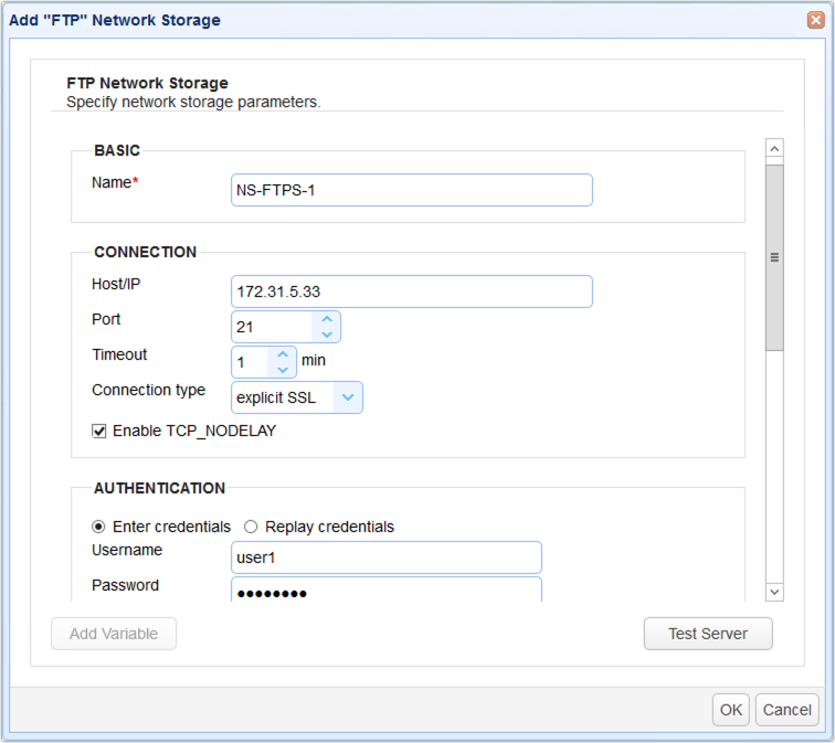 ftps network storage parameters