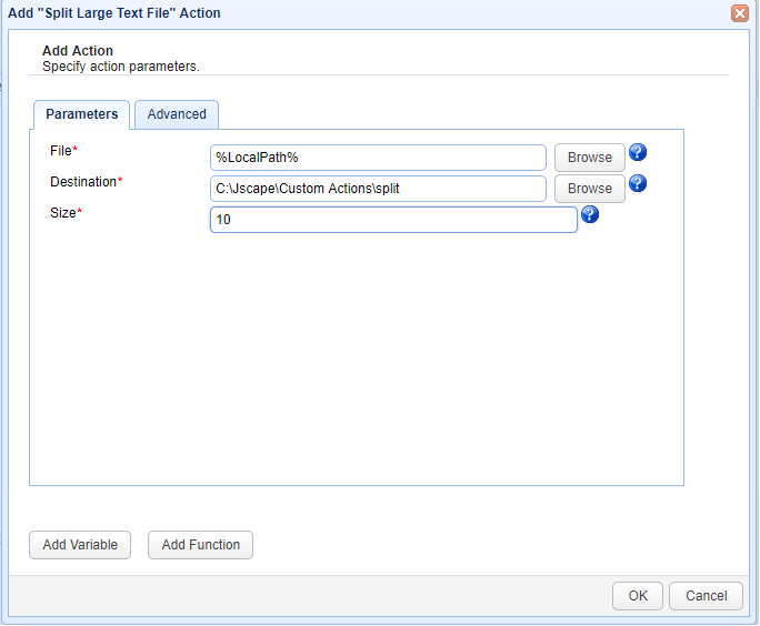 How to split large text files using actions jscape