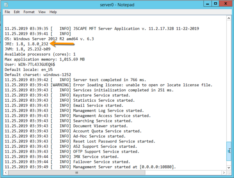 jre version in server0 log