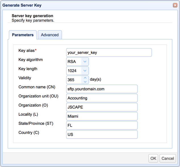jscape mft server specify key parameters