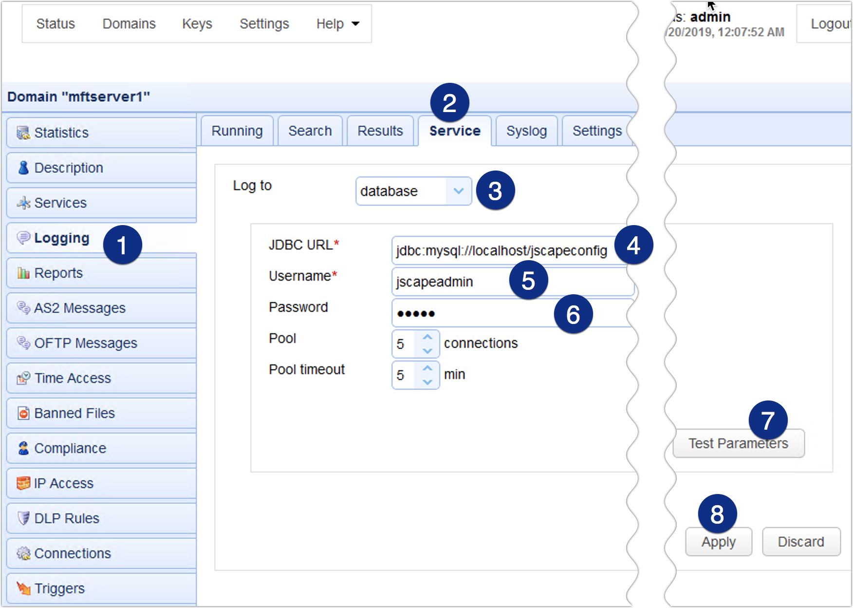 logging database logging mft server jdbc url