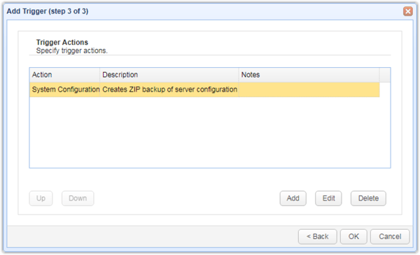 newly added system configuration backup trigger action