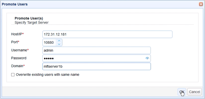 promote users from one mft server to another - specify target server