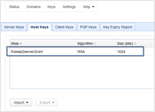 public key in host keys tab as2 server