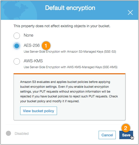 s3 aes 256 - s3 bucket default encryption select