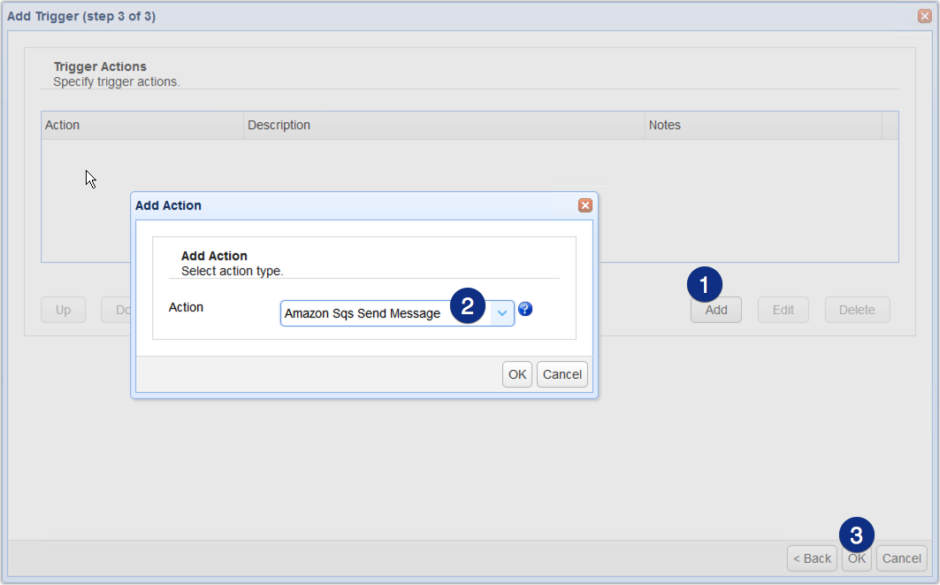 select amazon sqs trigger action