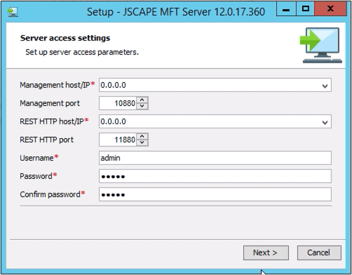 set up mft server admin login credentials