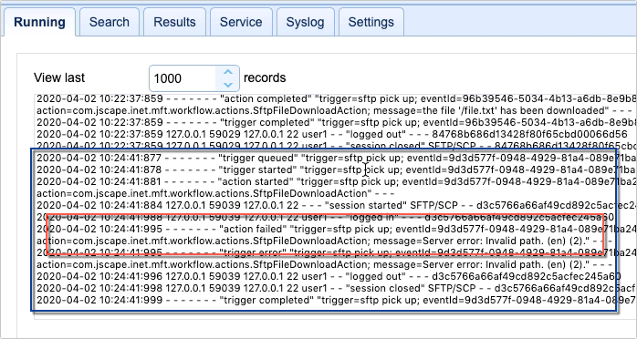 sftp pick up trigger execution in logs with error