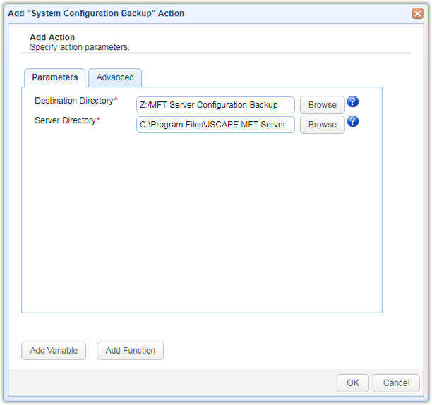 system configuration backup trigger action parameters