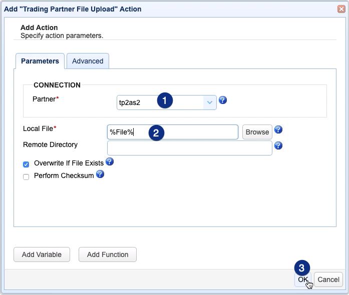 trading partner file upload action parameters for automated as2