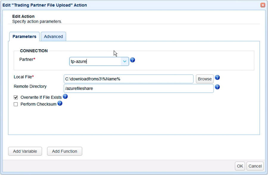 trading partner file upload action parameters