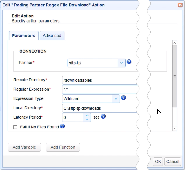 trading partner regex file download parameters