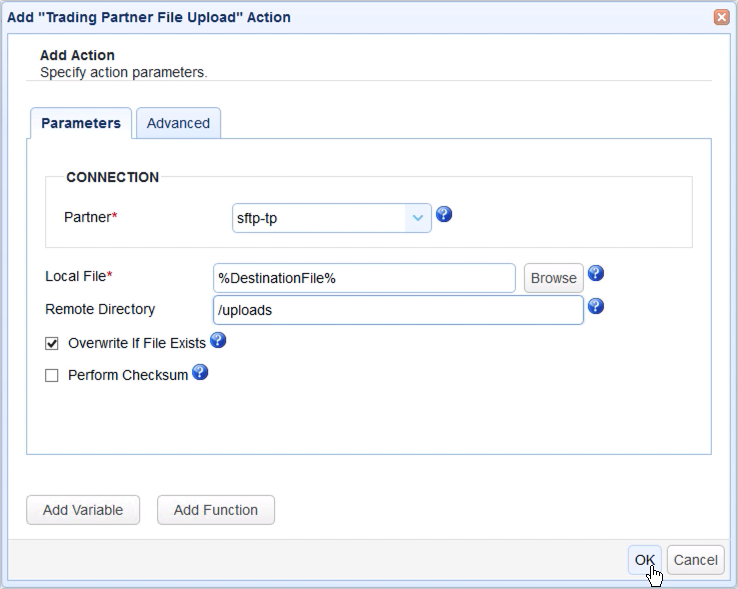 trigger trading partner file upload action parameters