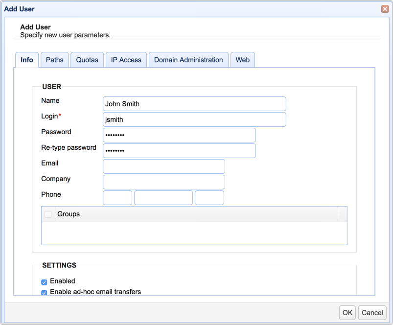 user parameters mft server