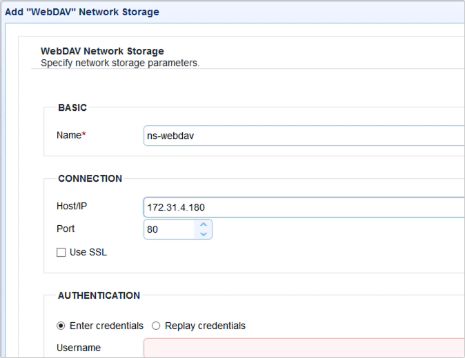 webdav network storage parameters name