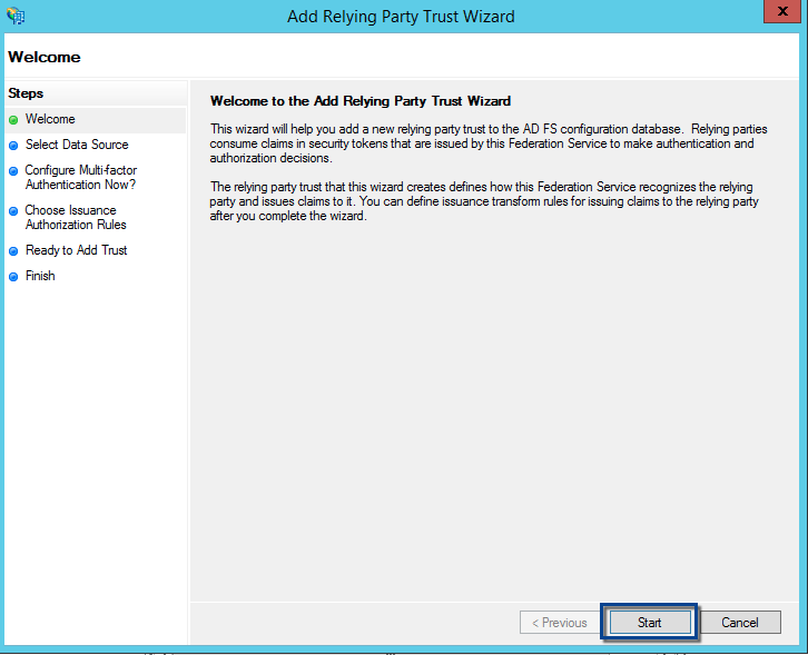 ADFS Add Replying Party Trust Wizard
