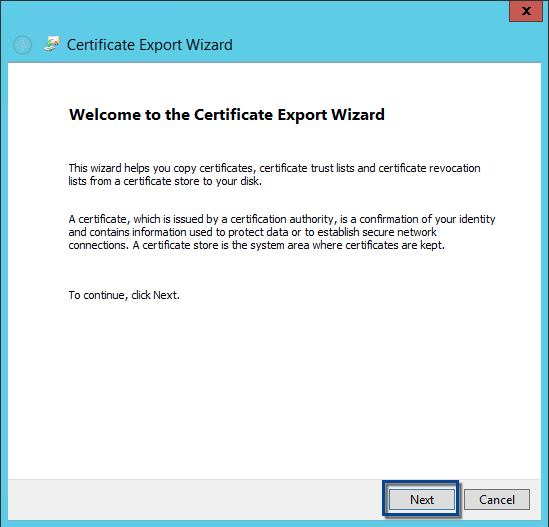 ADFS certificate export wizard