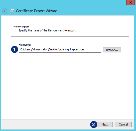 ADFS certificate export wizard file to export