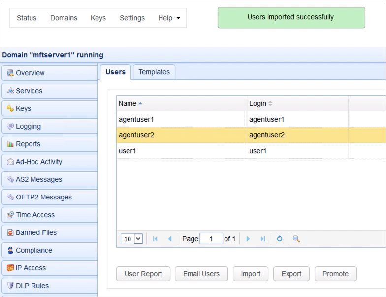 export and import users in mft server - imported users