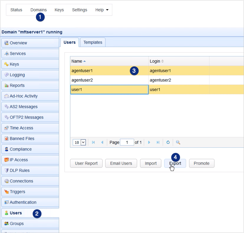 export and import users in mft server - select users module