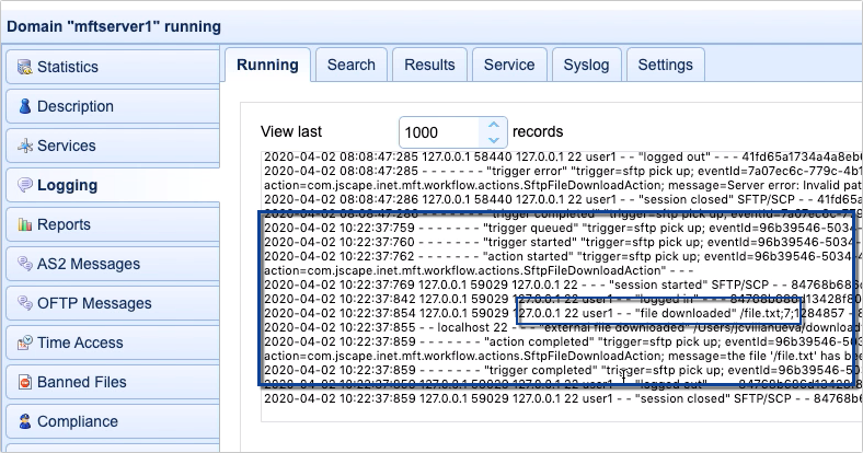 sftp pick up trigger execution in logs