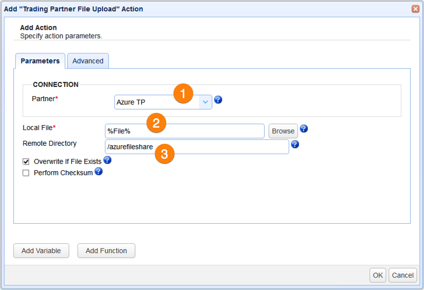 trading partner file upload for azure action